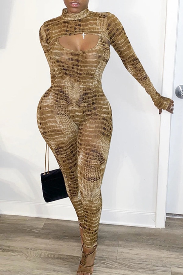 

lovely Trendy Print Hollow-out Brown One-piece Jumpsuit