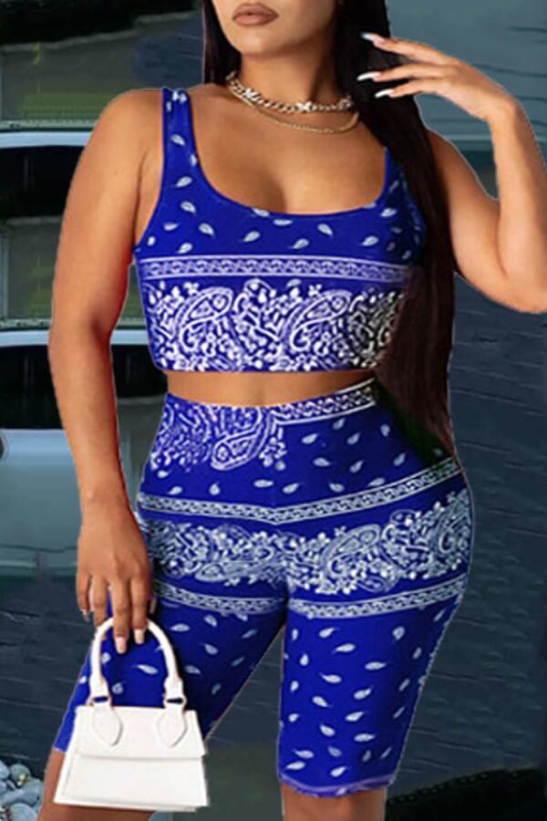 

Lovely Trendy Print Blue Two-piece Shorts Set