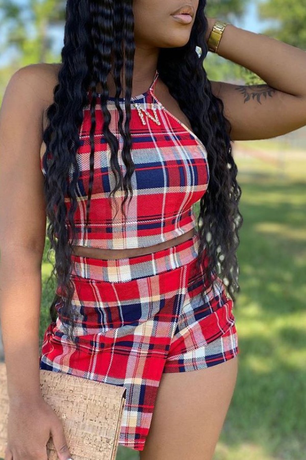 

lovely Sweet Grid Print Red Two-piece Shorts Set