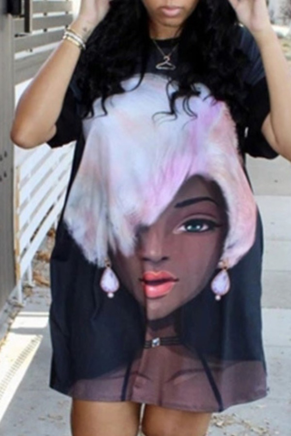 

Lovely Casual O Neck Print Black Mini Plus Size Dress