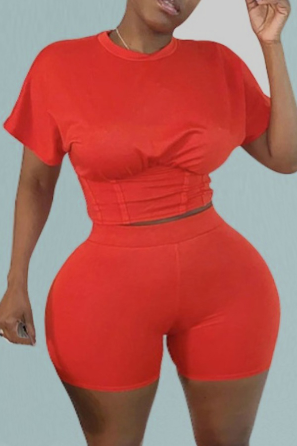 

Lovely Leisure O Neck Skinny Red Plus Size Two-piece Shorts Set
