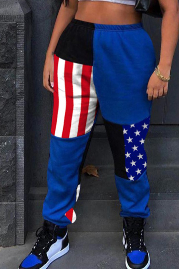 

Lovely Independence Day Sportswear Patchwork Blue Plus Size Pants