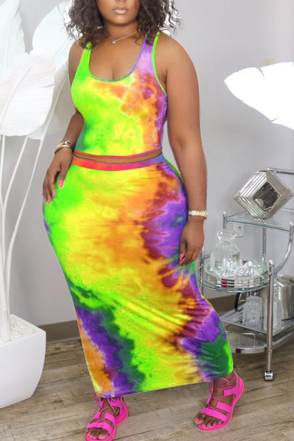 

Lovely Plus Size Trendy Tie-dye Green Two-piece Skirt Set