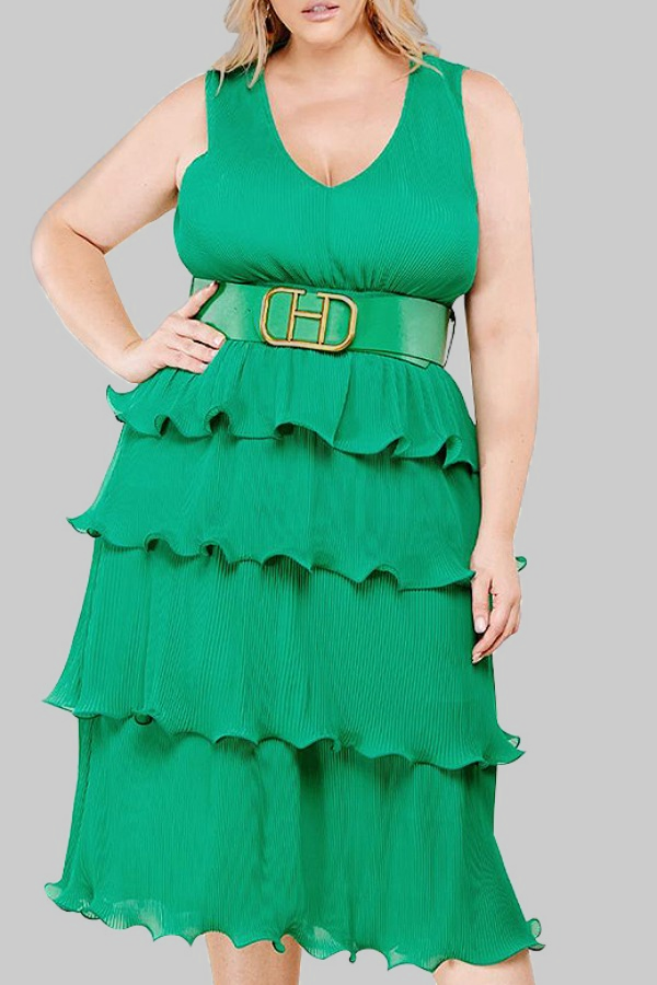 

Lovely Casual Layered Cascading Ruffle Green Mid Calf Plus Size Dress