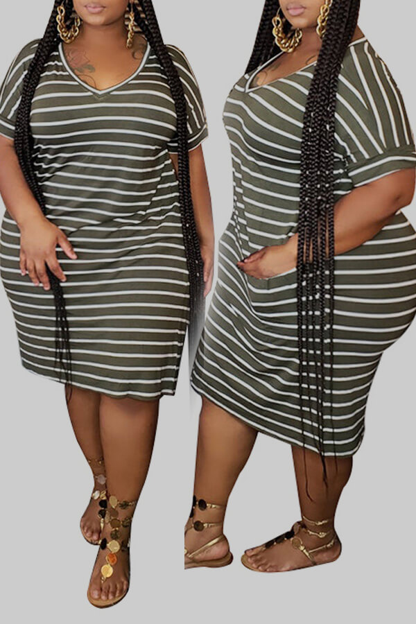 

Lovely Casual O Neck Striped Blackish Green Knee Length Plus Size Dress, Black green