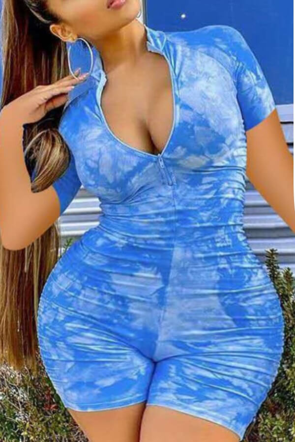 

Lovely Plus Size Stylish Tie-dye Blue One-piece Romper