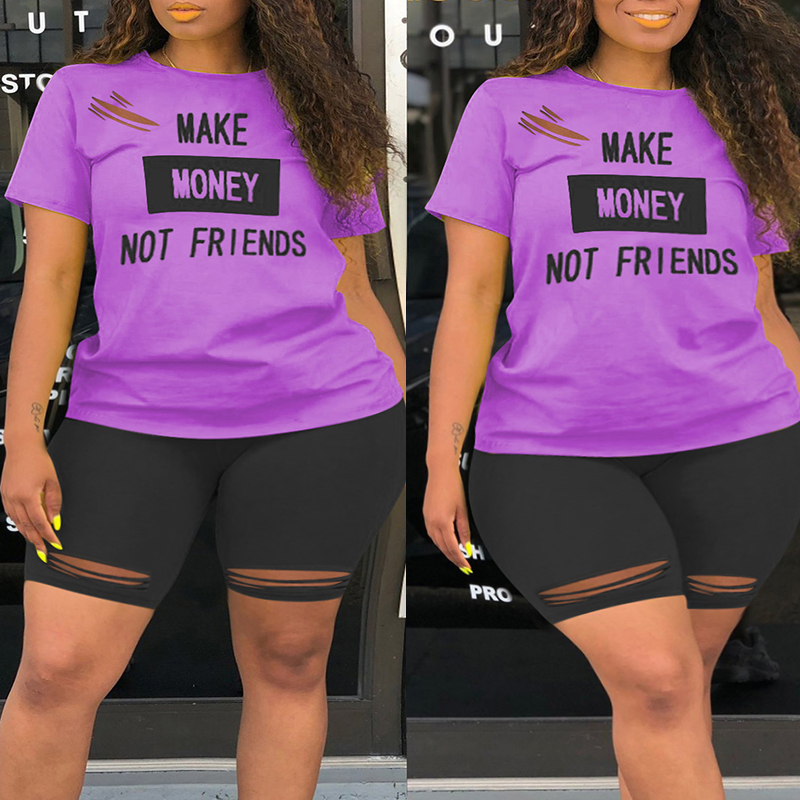 

Lovely Casual Letter Print Purple Plus Size Two-piece Shorts Set