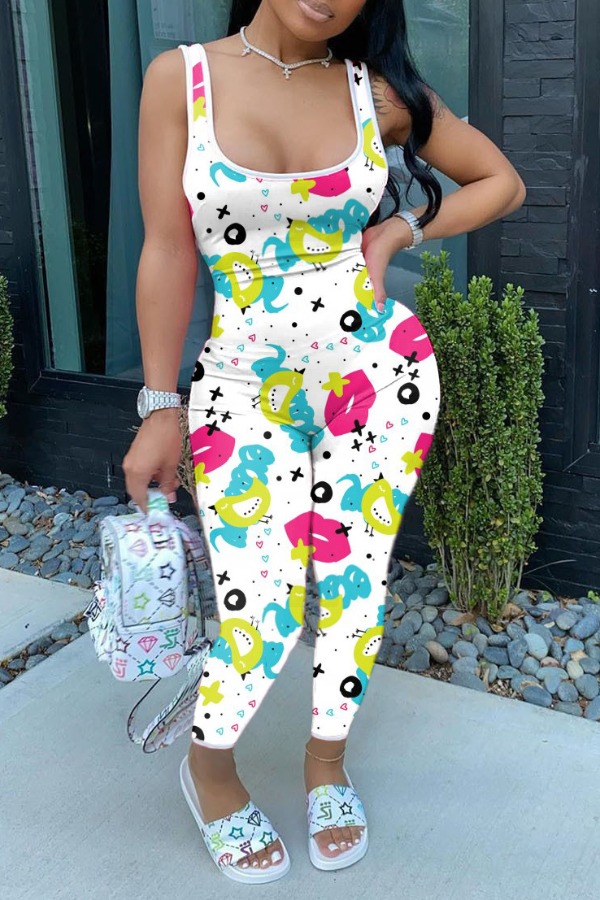 

lovely Sportswear Lip Print White One-piece Jumpsuit