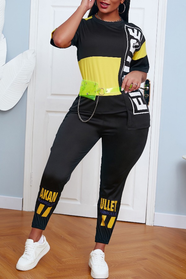 

lovely Street Letter Patchwork Black Two-piece Pants Set