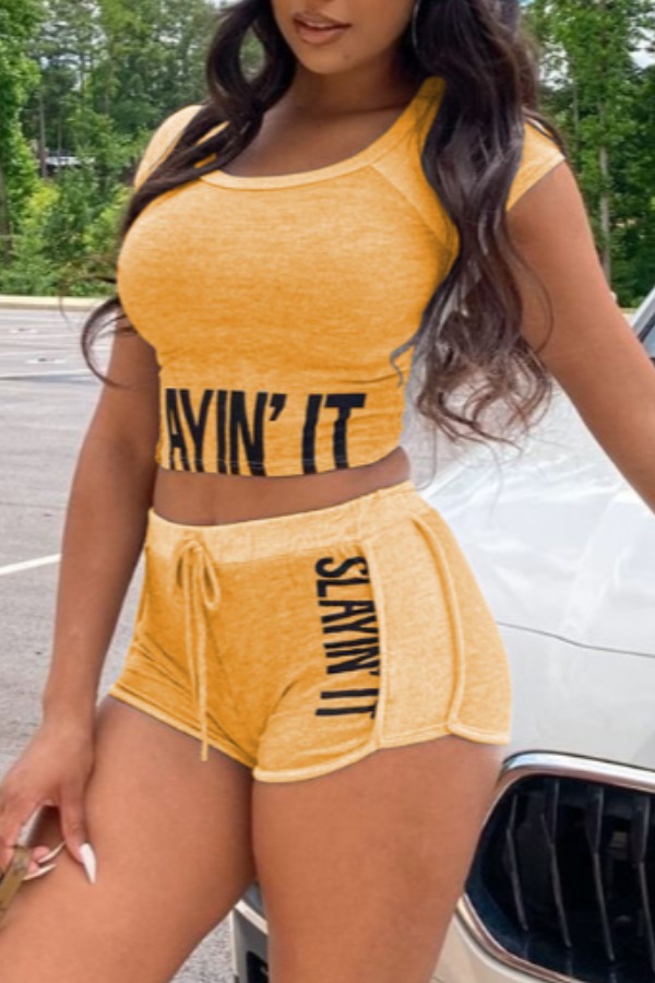 

lovely Sportswear Letter Print Orange Two-piece Shorts Set