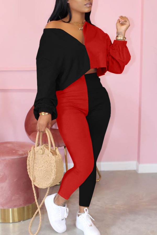 

lovely Casual Patchwork Red Two-piece Pants Set