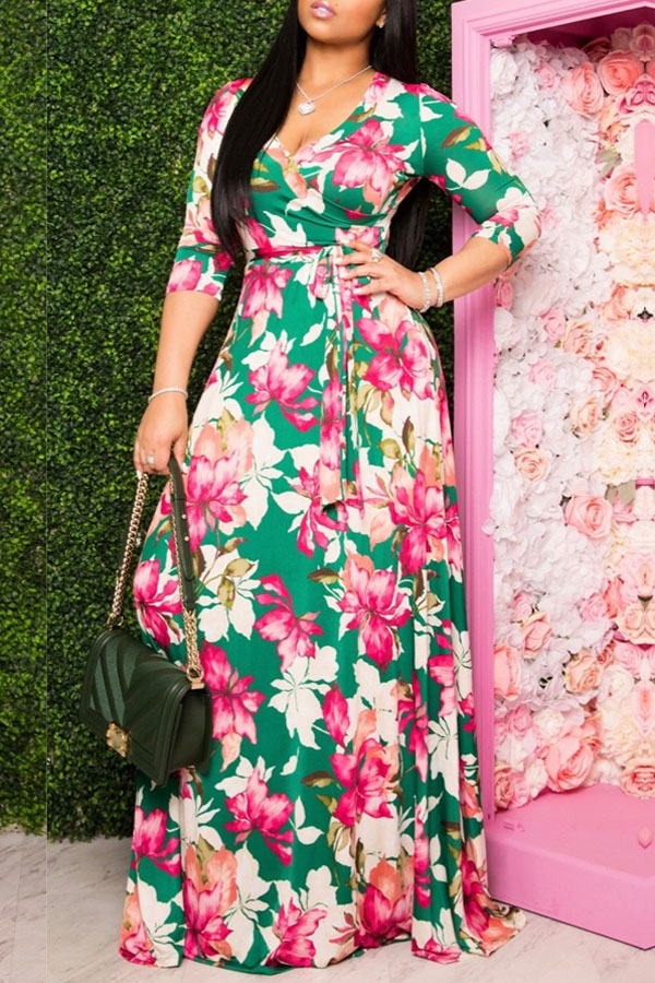 

lovely Bohemian Floral Print Green Maxi Dress