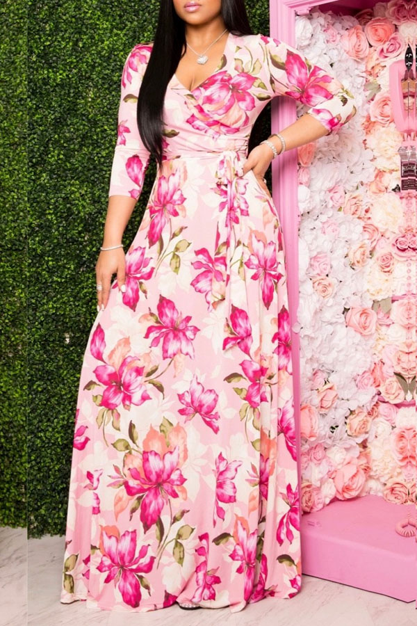 

lovely Bohemian Floral Print Pink Maxi Dress