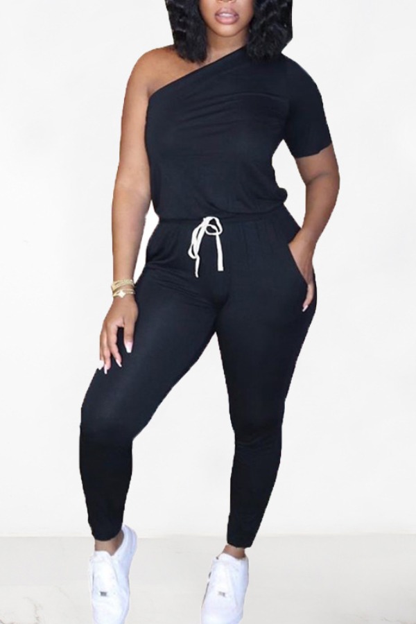

lovely Casual One Shoulder Lace-up Black Plus Size Two-piece Pants Set