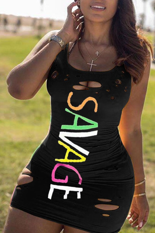 

Lovely Stylish U Neck Tie-dye Black Mini Dress