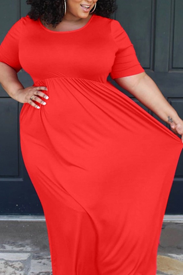 

lovely Casual O Neck Fold Design Red Maxi Plus Size Dress