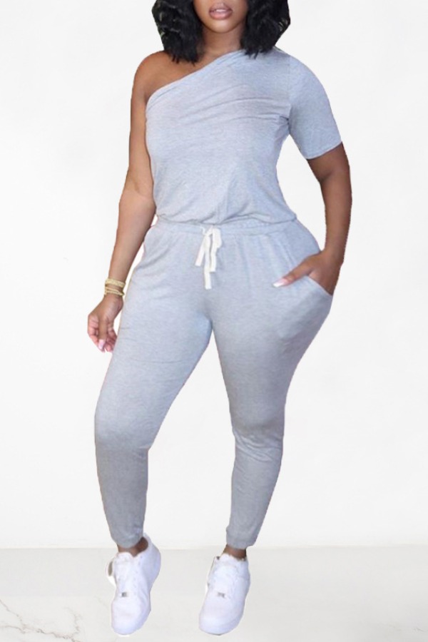 

Lovely Casual One Shoulder Lace-up Grey Plus Size Two-piece Pants Set