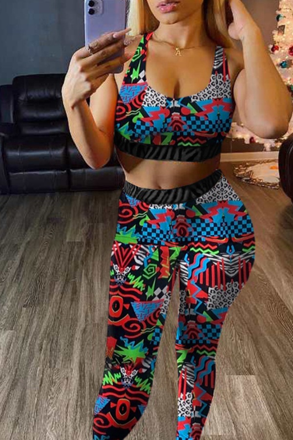 

lovely Sportswear U Neck Print Multicolor Two-piece Pants Set, Multi