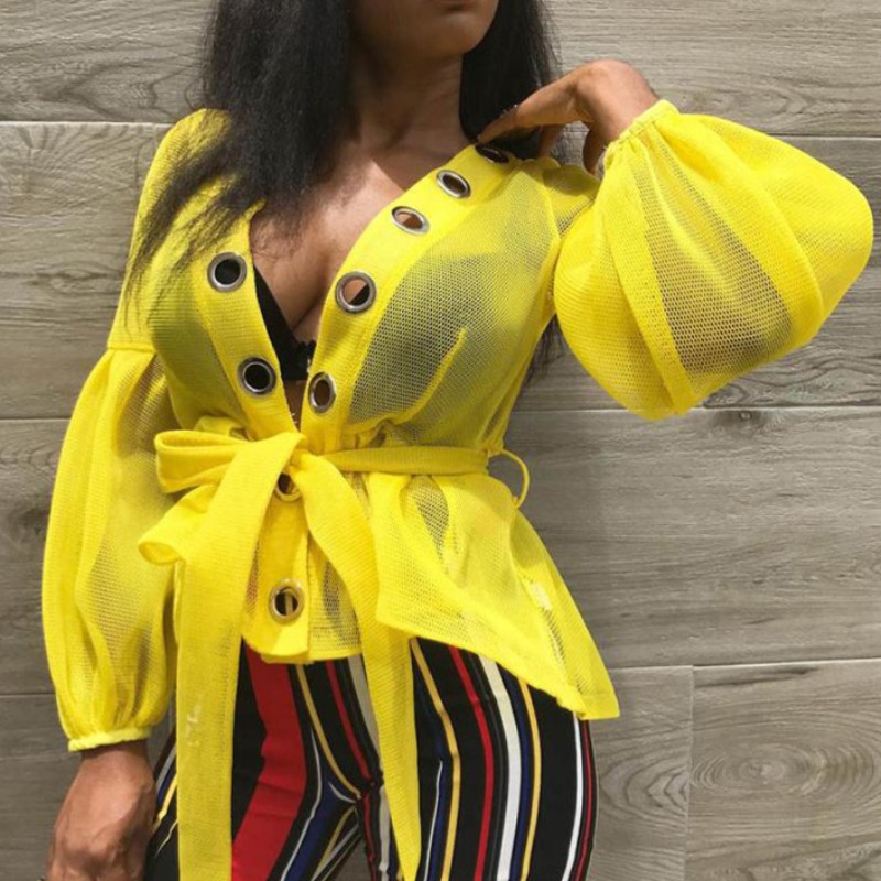 

lovely Street Asymmetrical See-through Yellow Blouse