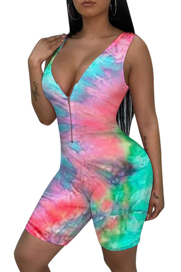 

lovely Trendy Tie-dye Zipper Design Green One-piece Romper
