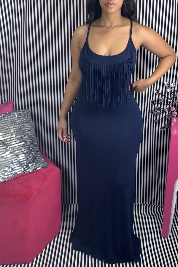 

lovely Sexy Tassel Design Blue Maxi Dress