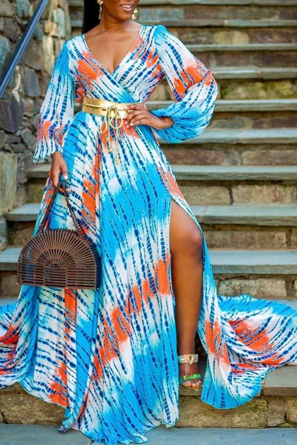 

Lovely Bohemian V Neck Print Multicolor Maxi Dress, Multi