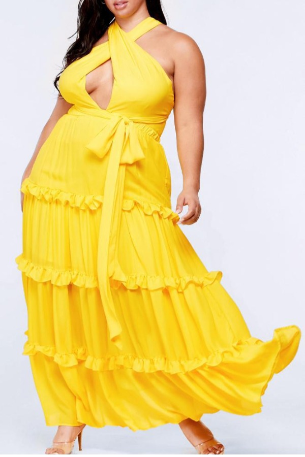 

lovely Trendy Cross-over Design Hollow-out Yellow Maxi Plus Size Dress