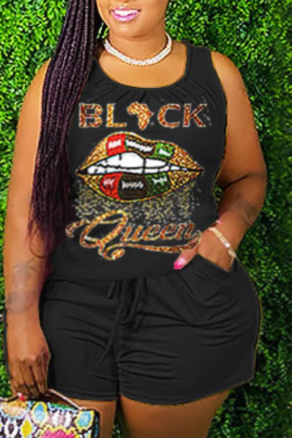 

lovely Sportswear Lip Print Black Plus Size Two-piece Shorts Set
