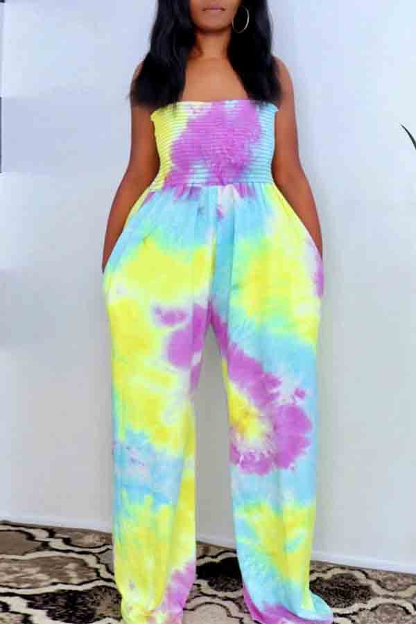 

Lovely Trendy Dew Shoulder Tie-dye Yellow Plus Size One-piece Jumpsuit