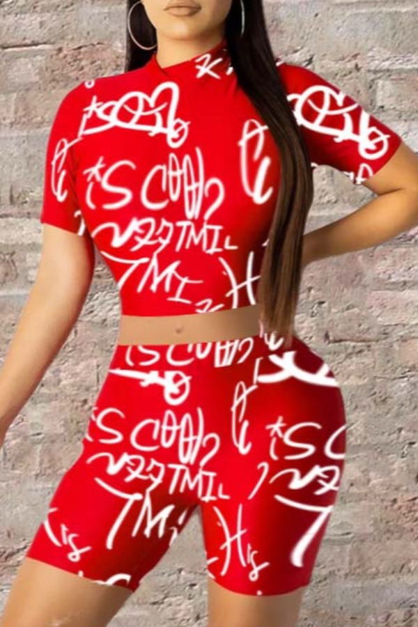 

lovely Casual Letter Print Red Two-piece Shorts Set