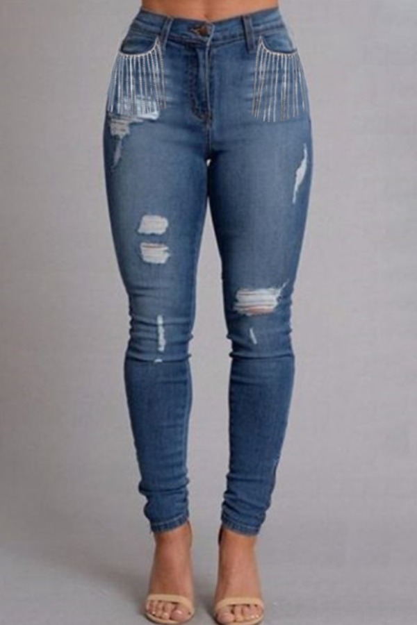 

Lovely Trendy Broken Holes Blue Jeans