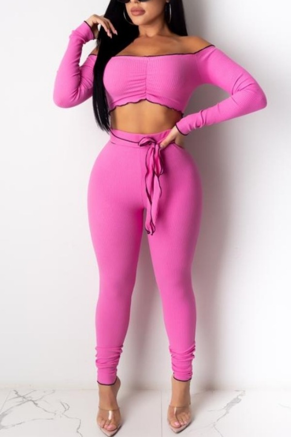 

Lovely Trendy Dew Shoulder Fold Design Rose Red Two-piece Pants Set