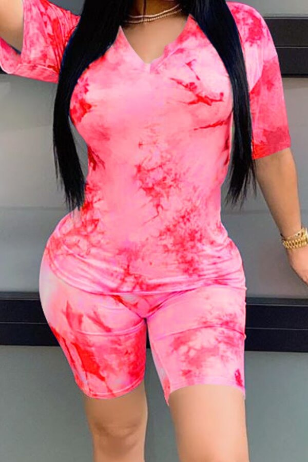 

Lovely Trendy V Neck Tie-dye Rose Red Two-piece Shorts Set