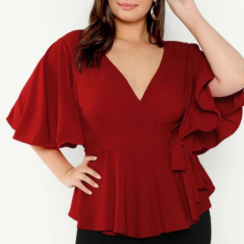 

lovely Sweet V Neck Flounce Design Red Plus Size Blouse