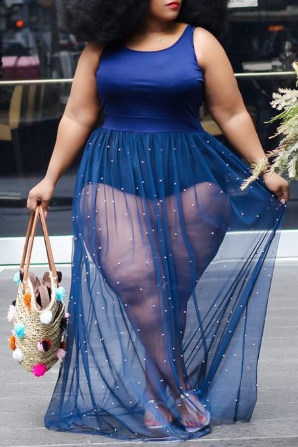 LW SXY Plus Size Trendy See-through Blue Maxi Dress