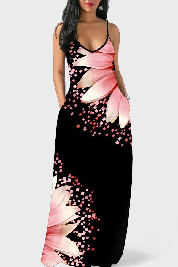 

Lovely Bohemian V Neck Print Light Pink Maxi Dress