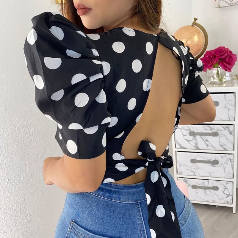 

LW Stylish Backless Dot Print Black Blouse