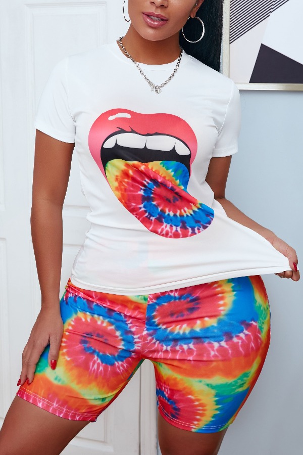 

lovely Leisure Lip Print Orange Two-piece Shorts Set