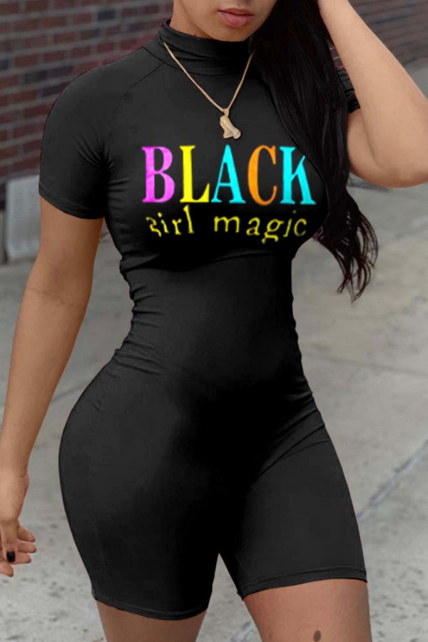 

lovely Leisure Letter Print Black One-piece Romper