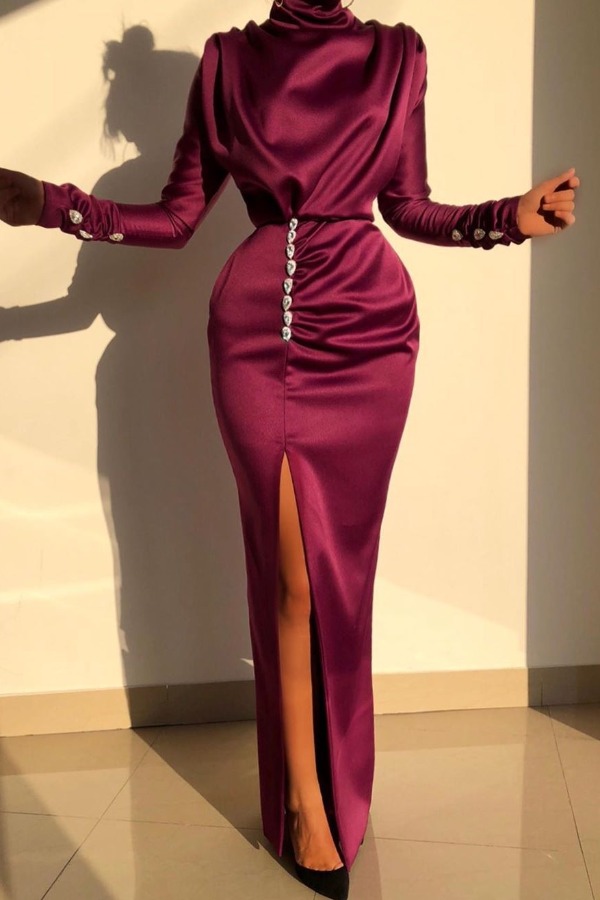 

lovely Temperament Turtleneck Side High Slit Wine Red Maxi Dress