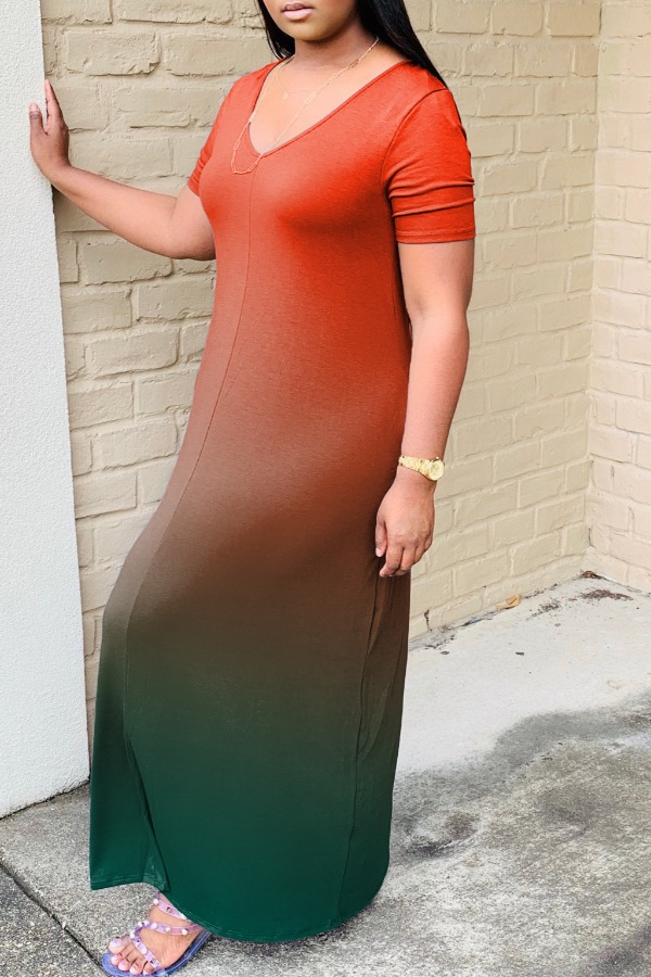 LW Casual V Neck Gradual change Orange Maxi Dress
