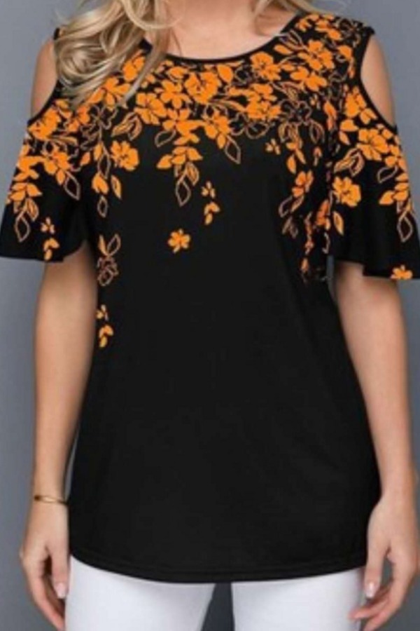 

lovely Leisure O Neck Print Hollow-out Yellow Plus Size T-shirt