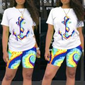 Lovely Casual O Neck Print Blue Two-piece Shorts S
