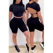 lovely Sexy Backless Black Two-piece Shorts Set