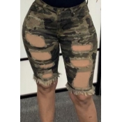 lovely Casual Camo Print Army Green Denim Shorts