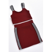 lovely Trendy Patchwork Wine Red Girl Two-piece Sk