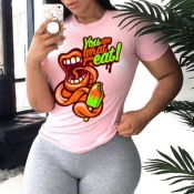 lovely Casual O Neck Print Pink Plus Size T-shirt