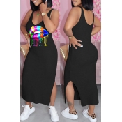 Lovely Casual Lip Print Backless Black Ankle Lengt