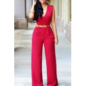 lovely Stylish V Neck Red One-piece Jumpsuit(Witho