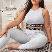 Lovely Casual Letter Print Grey Two-piece Plus Siz